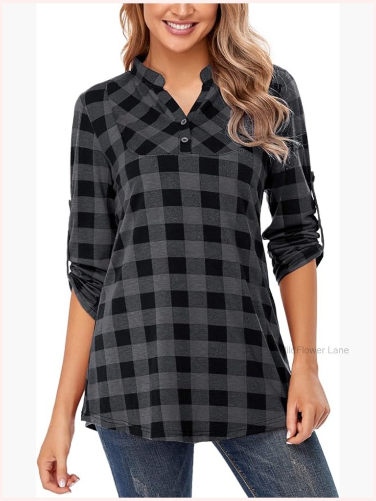 V Neck Roll Sleeve Plaid Tunic Blouse Flowy Loose Top